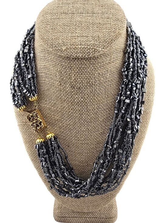 Made In Italy Jewelry - 14-Strand Hematite Beaded Necklace 21" Ornate Gold-Tone Clasp Made In Italy BOLD